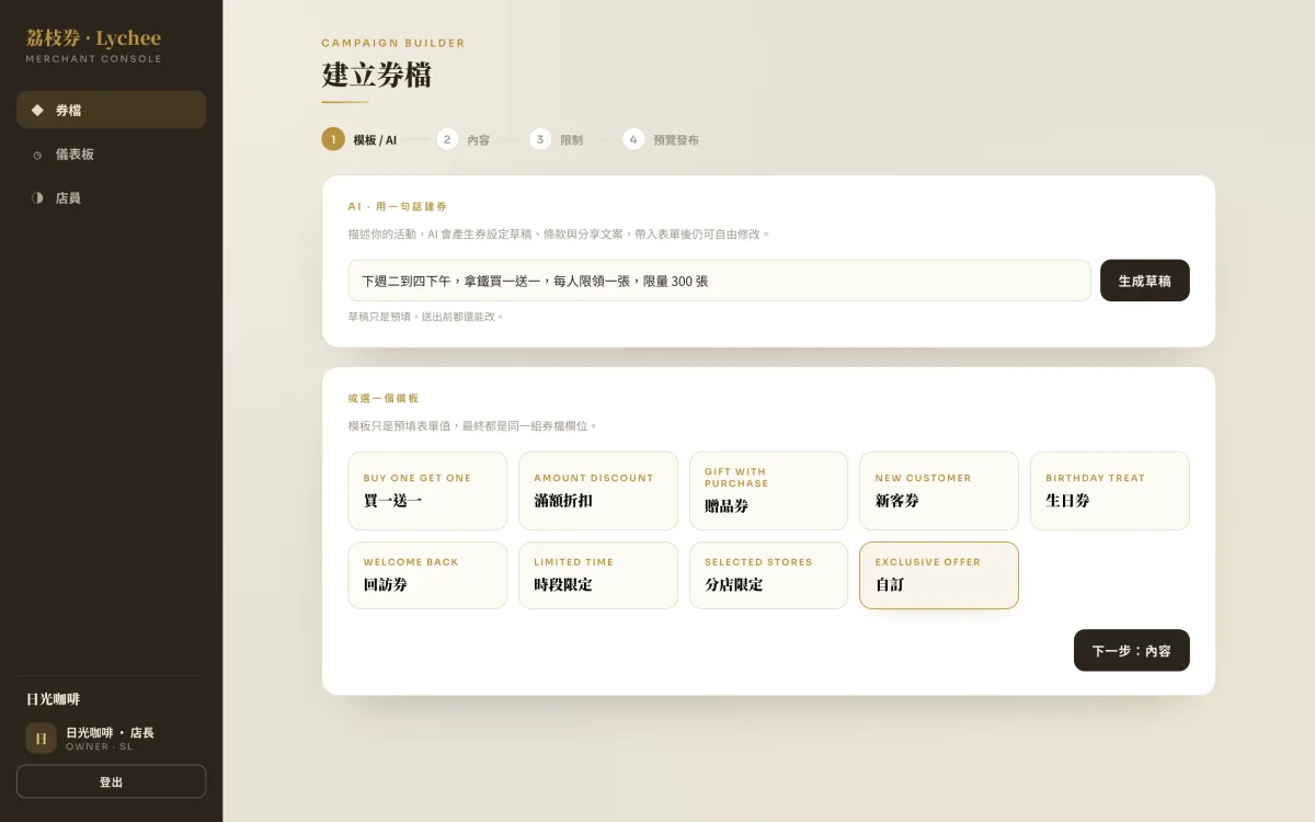 建券精靈：一句話描述活動的 AI 輸入框，下方是買一送一、滿額折扣等九個券型模板