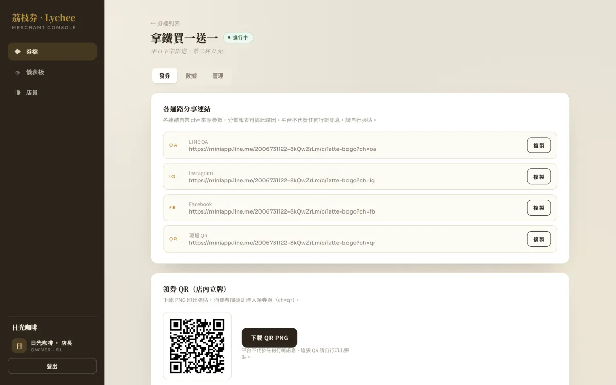 券檔詳情的發券分頁：官方帳號、Instagram、Facebook、現場 QR 四條專屬連結，以及可下載的領券 QR